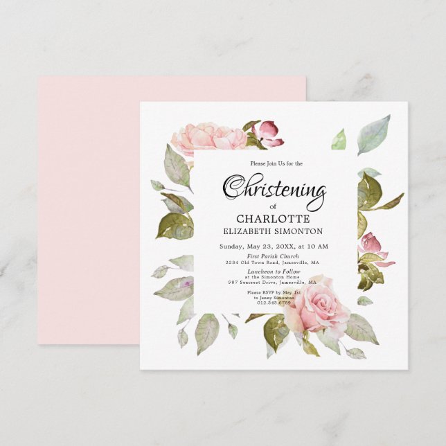 Invitación Rosa floral rosa Christening en la Plaza Botánica (Anverso / Reverso)