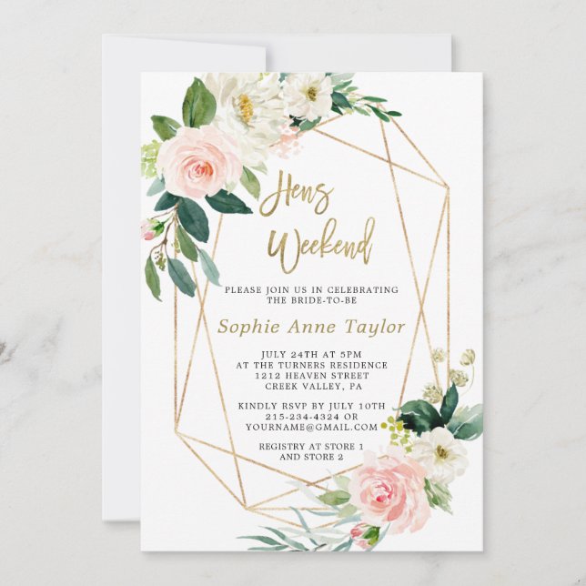 Invitación Rosa floral rosa de lujo dorado Bachelorette Weeke (Anverso)