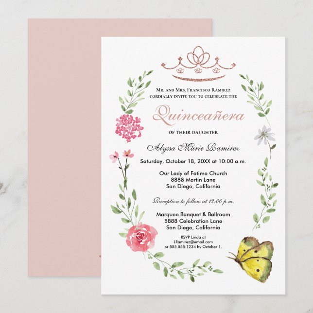 Invitación Rosa floral rosa de Rubor Tiara Quinceanera (Anverso / Reverso)