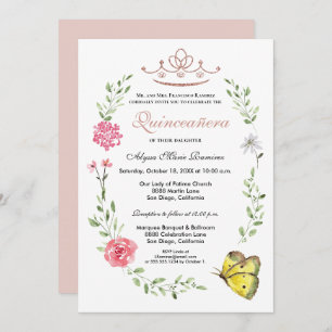 Invitación Rosa floral rosa de Rubor Tiara Quinceanera