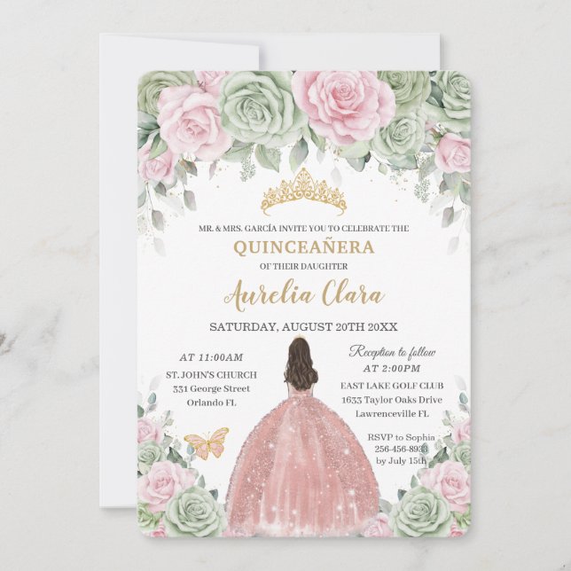 Invitación Rosa floral rosa del bebé verde sabio Quinceañera (Anverso)