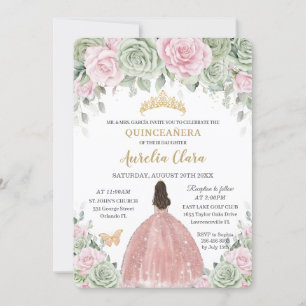 Invitación Rosa floral rosa del bebé verde sabio Quinceañera