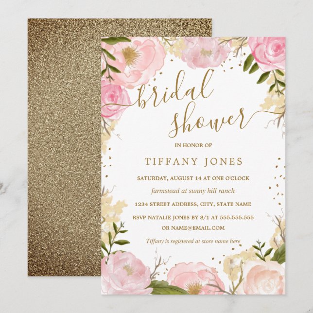 Invitación Rosa floral rosa dorado acuarela ducha de novia (Anverso / Reverso)