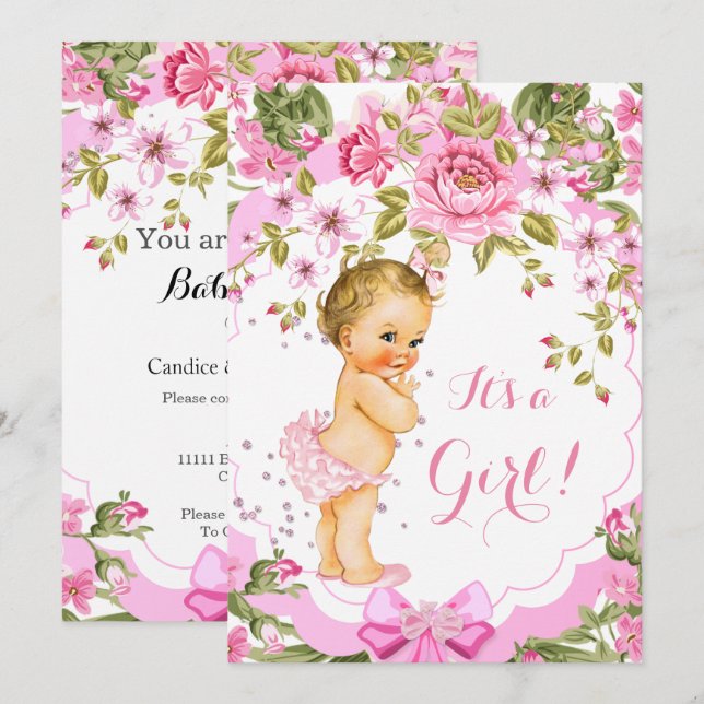 Invitación Rosa floral rosa dulce Chica Baby Shower (Anverso / Reverso)