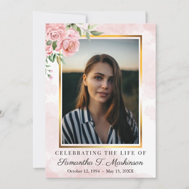 Invitación Rosa floral rosa Foto acuarela Orden de servicio (Anverso)