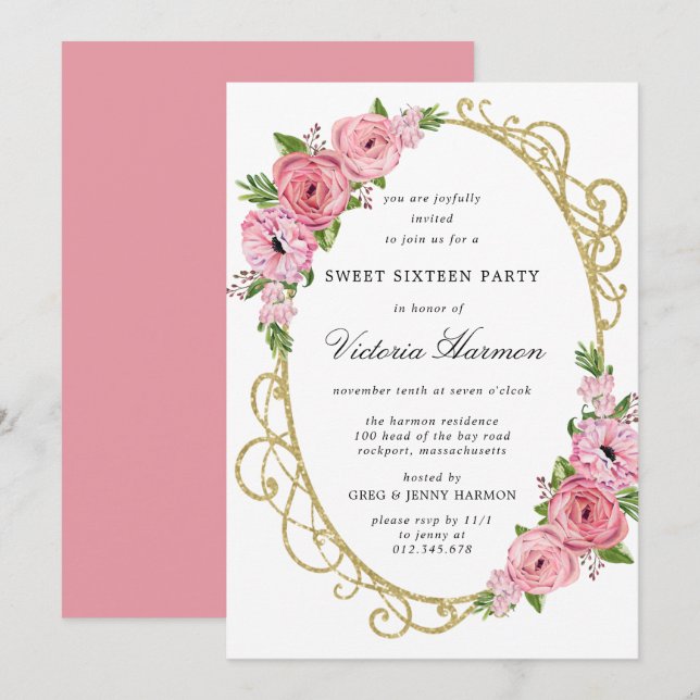 Invitación Rosa Floral rosa marco dorado dulce Invitat 16 Fie (Anverso / Reverso)