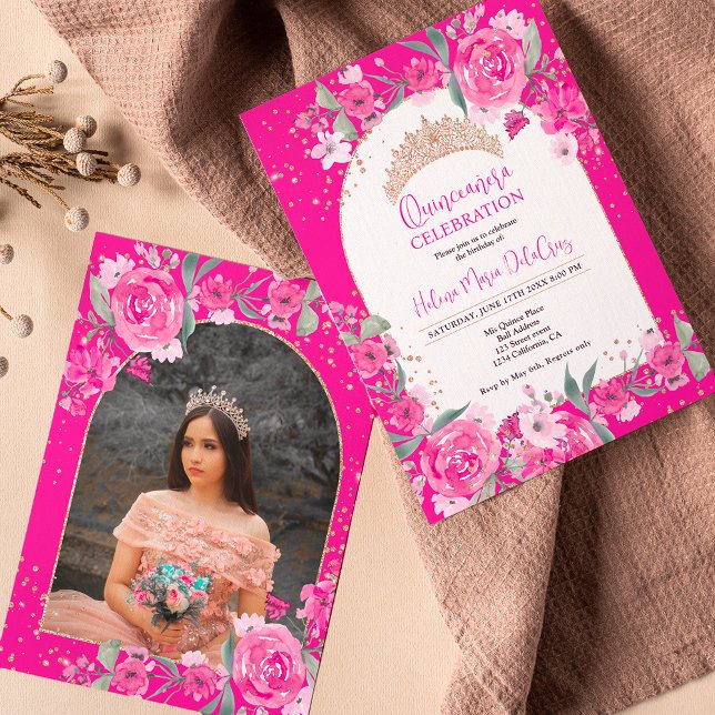 Invitación Rosa floral rosa oro tiara princesa Quinceanera (Subido por el creador)