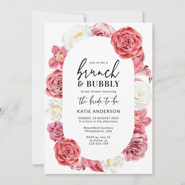 Invitación Rosa floral rosa Oval Brunch & Bubbly Shower (Anverso)