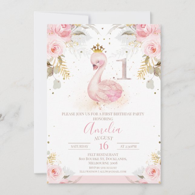 Invitación Rosa floral rosa Princess Swan 1er cumpleaños (Anverso)