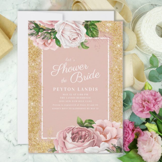 Invitación Rosa floral rosa Purpurina dorado ducha de novia (Pink vintage roses and gold glitter "Shower the Bride" custom bridal shower invitation)