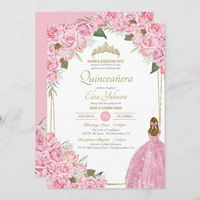 Invitación Rosa floral rosa Quinceanera Quince elegante vesti (Anverso / Reverso)