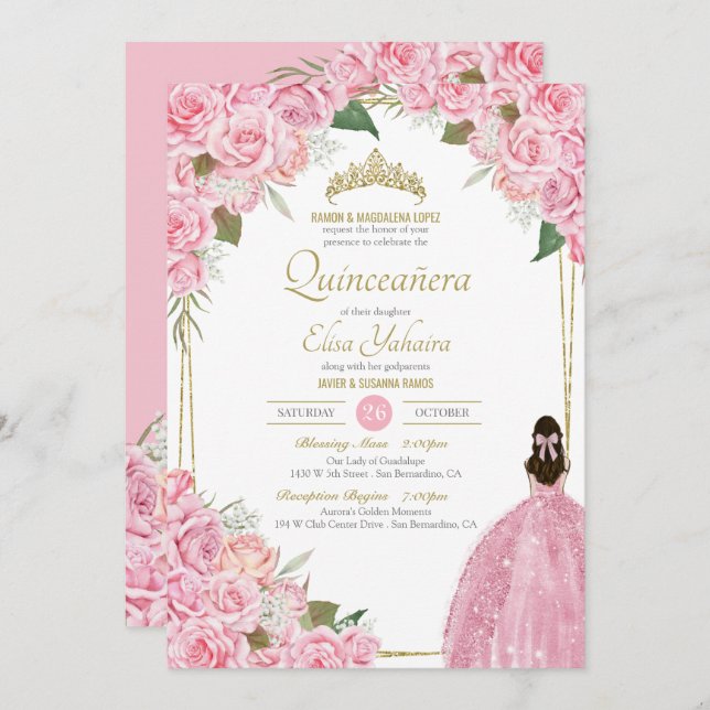 Invitación Rosa floral rosa Quinceanera Quince elegante vesti (Anverso / Reverso)