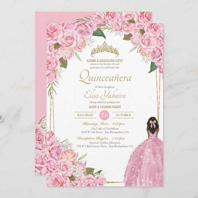 Invitación Rosa floral rosa Quinceanera Quince elegante vesti (Anverso / Reverso)