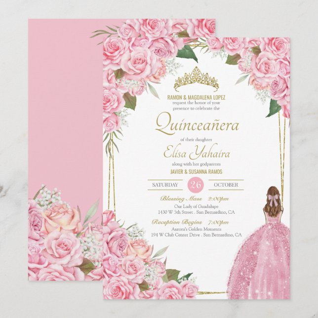 Invitación Rosa floral rosa Quinceanera Quince elegante vesti (Anverso / Reverso)