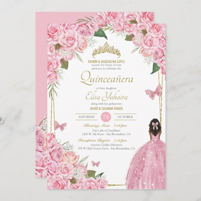 Invitación Rosa floral rosa Quinceanera Quince Gown Butfly (Anverso / Reverso)