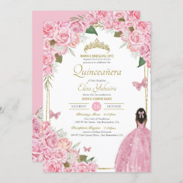 Invitación Rosa floral rosa Quinceanera Quince Gown Butfly