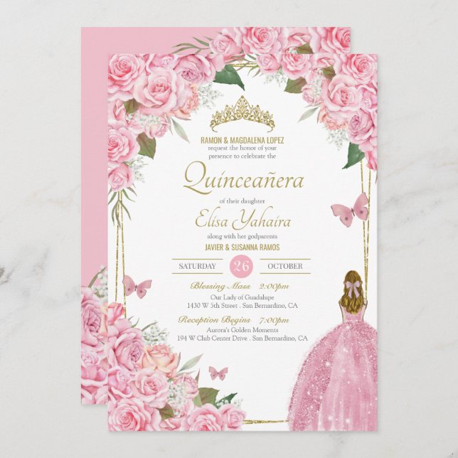 Invitación Rosa floral rosa Quinceanera Quince Gown Butfly (Anverso / Reverso)