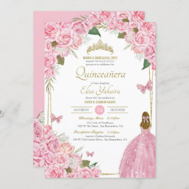 Invitación Rosa floral rosa Quinceanera Quince Gown Butfly