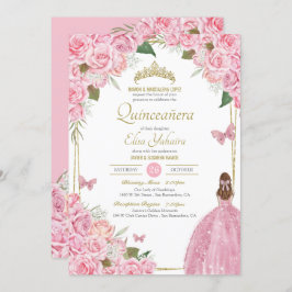 Invitación Rosa floral rosa Quinceanera Quince Gown Butfly