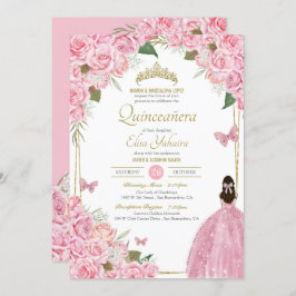 Invitación Rosa floral rosa Quinceanera Quince Gown Butfly