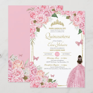 Invitación Rosa floral rosa Quinceanera Quince Gown Butfly