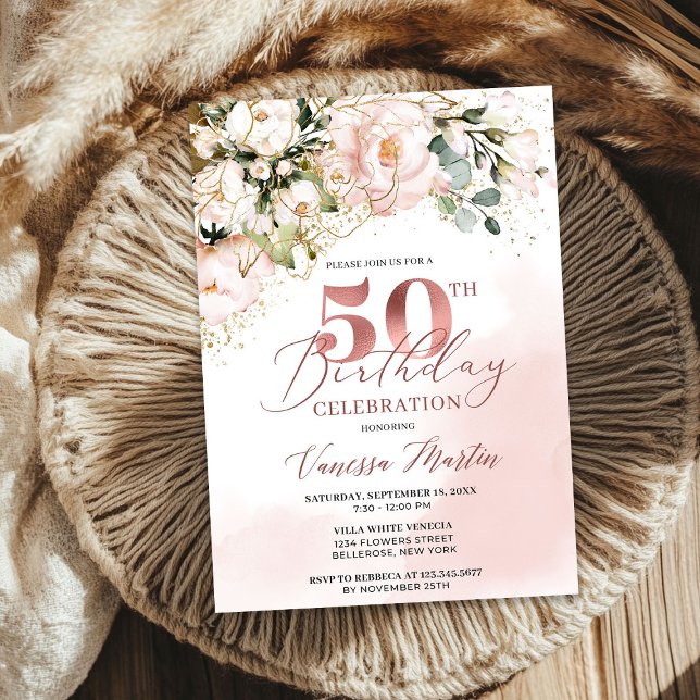 Invitación rosa floral rosa Rubor boho de oro 50 cumpleaños (Blush pink floral rose gold boho 50th birthday invitation)