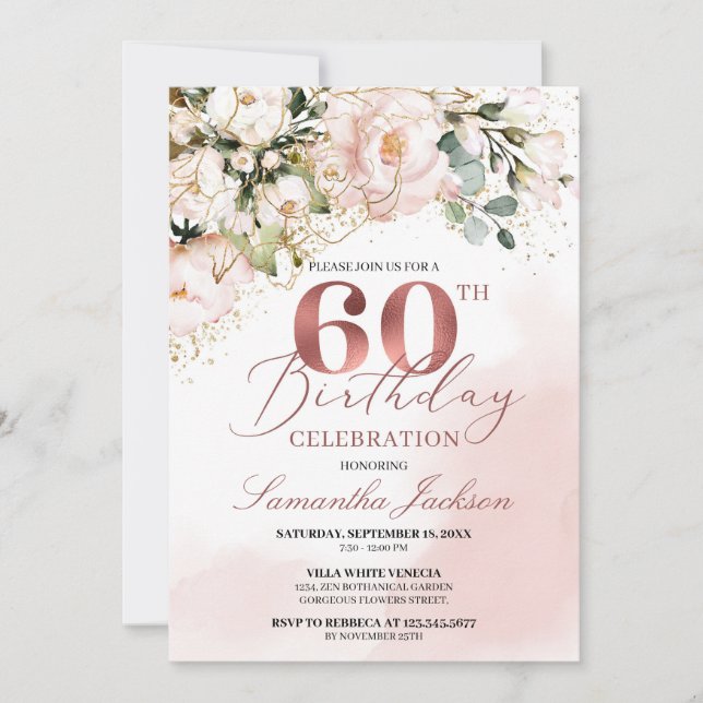 Invitación rosa floral rosa Rubor boho de oro 60 cumpleaños (Anverso)