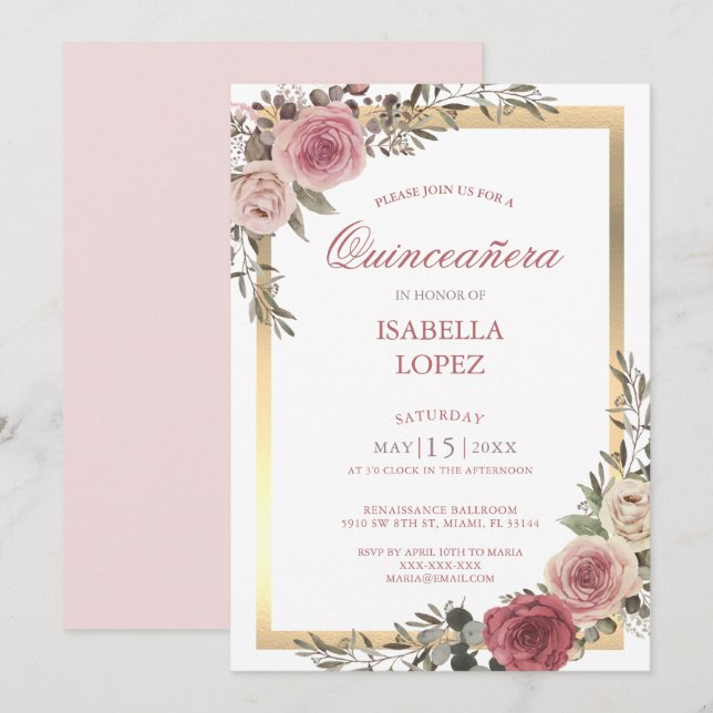 Invitación Rosa floral rosa Rubor Gold Quinceañera (Anverso / Reverso)