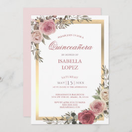 Invitación Rosa floral rosa Rubor Gold Quinceañera