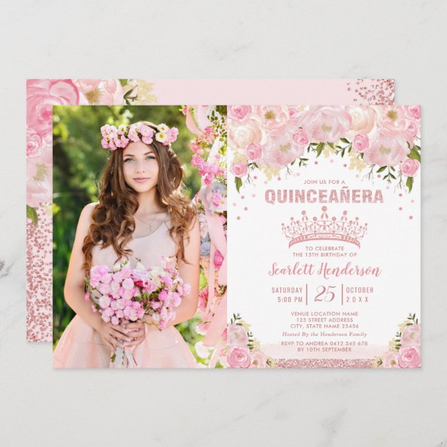Invitación Rosa floral rosa Rubor Gold Quinceañera Cumpleaños (Anverso / Reverso)