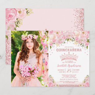 Invitación Rosa floral rosa Rubor Gold Quinceañera Cumpleaños