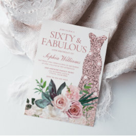 Invitación Rosa floral rosa Rubor vestido de oro 60 cumpleaño