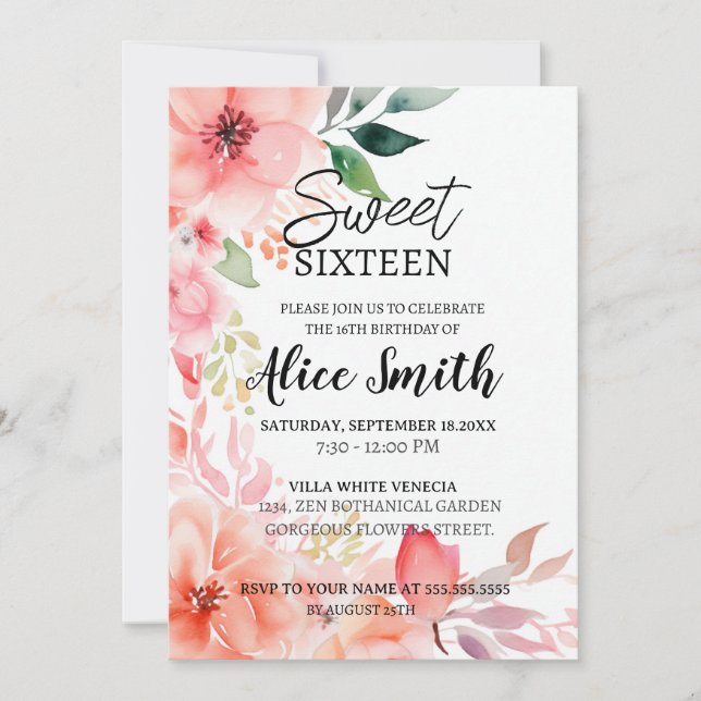 Invitación Rosa floral rosa rugoso dorado dulce dieciséis (Anverso)
