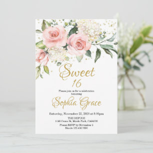 Invitación Rosa floral rosa rugoso dorado dulce dieciséis