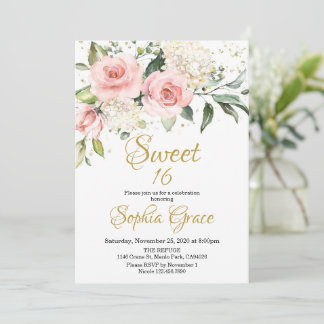 Invitación Rosa floral rosa rugoso dorado dulce dieciséis