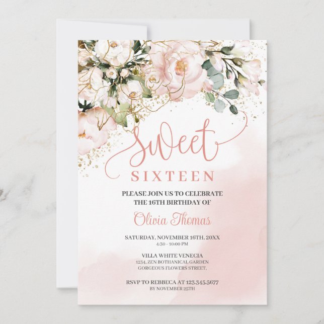 Invitación Rosa floral rosa rugoso dorado dulce dieciséis (Anverso)