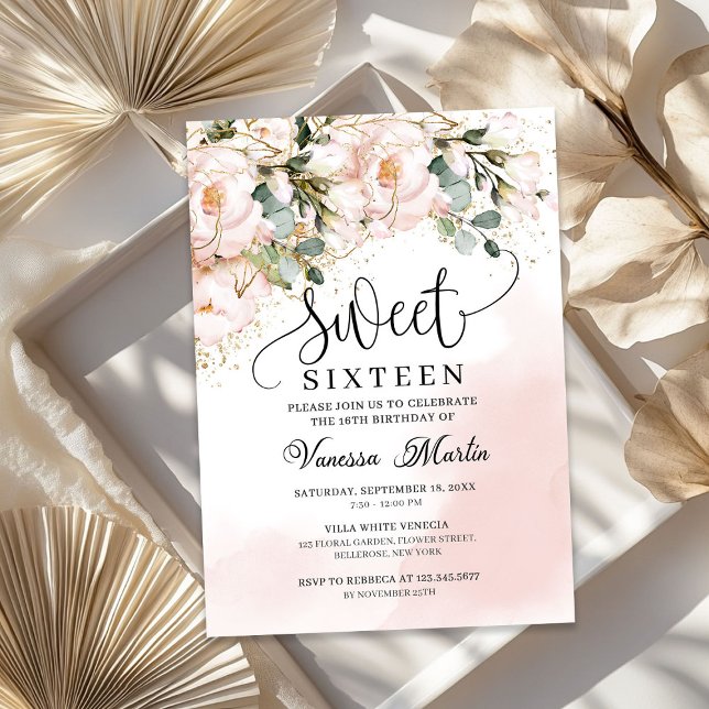 Invitación Rosa floral rosa rugoso dorado dulce dieciséis (Rustic blush pink floral rose gold sweet sixteen invitation)