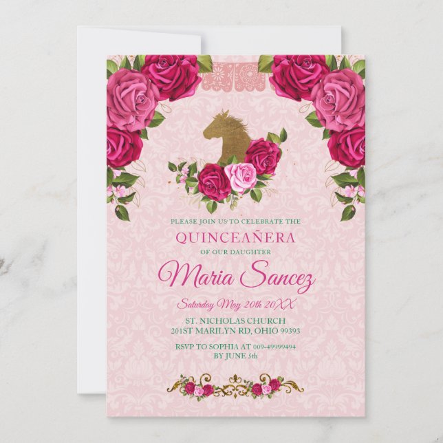 Invitación Rosa floral rosa y caballo de oro Quinceanera cump (Anverso)
