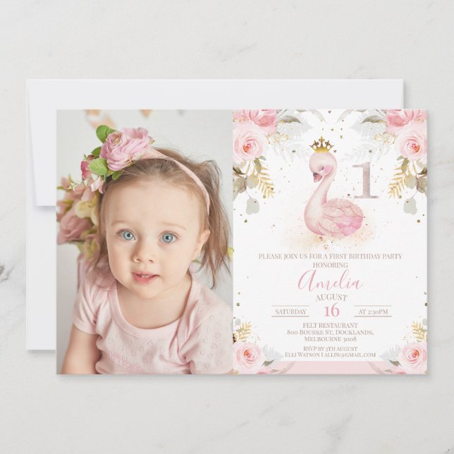 Invitación Rosa floral rosada Foto Princesa Swan Primer cumpl (Anverso)