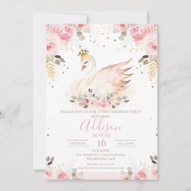 Invitación Rosa floral rosada Princess Swan Birthday Invitaci (Anverso)