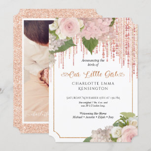 Invitación Rosa floral rosada Purpurina de oro niña rociada