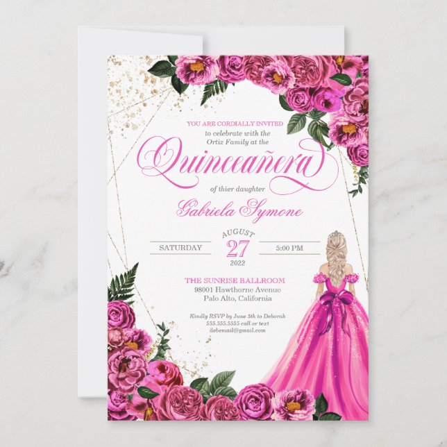 Invitación Rosa floral rosada y vestido elegante de oro Quinc (Anverso)