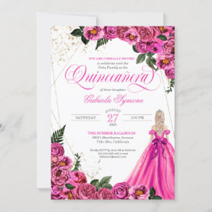 Invitación Rosa floral rosada y vestido elegante de oro Quinc