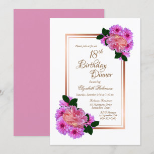 Invitación Rosa floral rosado Borde de oro 18º cumpleaños cen