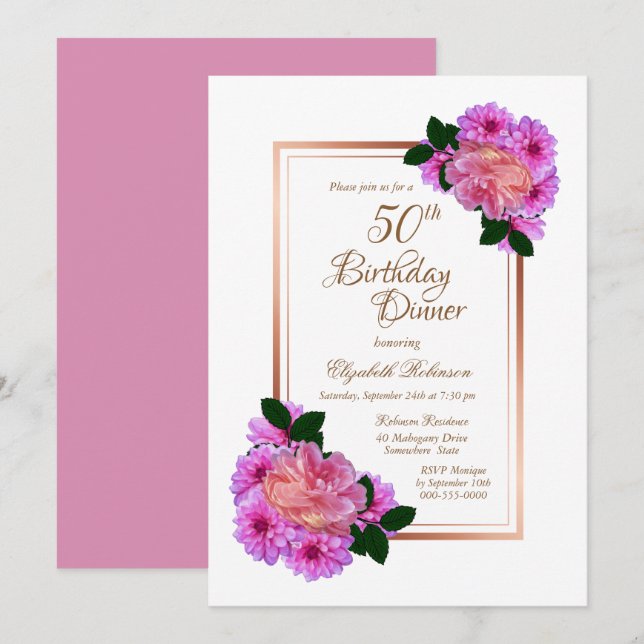 Invitación Rosa floral rosado borde oro 50 cumpleaños cena (Anverso / Reverso)