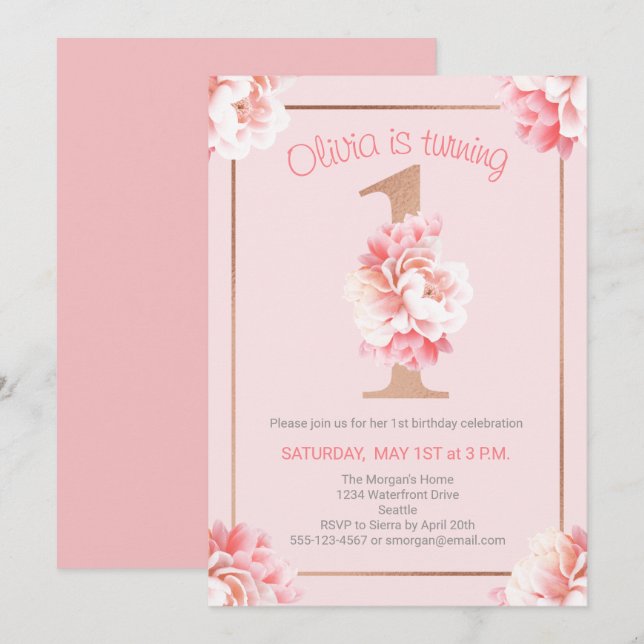 Invitación Rosa floral rosado Chica de oro Primera fiesta de  (Anverso / Reverso)