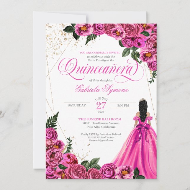 Invitación Rosa floral rosado dorado elegante traje Quinceañe (Anverso)