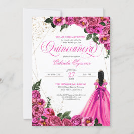 Invitación Rosa floral rosado dorado elegante traje Quinceañe