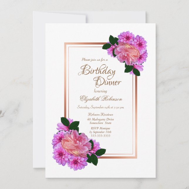 Invitación Rosa floral rosado Gold Border Cena de cumpleaños (Anverso)
