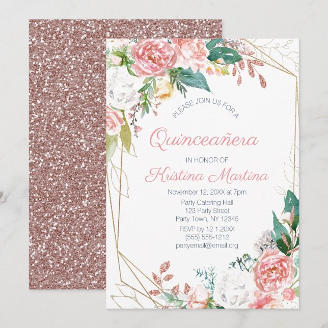 Invitación Rosa floral rosado Purpurina de oro Quinceañera Cu (Anverso / Reverso)